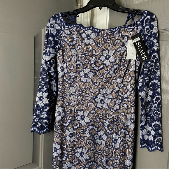 🥂🍾 Xscape New Sparkle / Lace Overlay Formal Dress Navy White Silver 6 - Picture 7 of 17